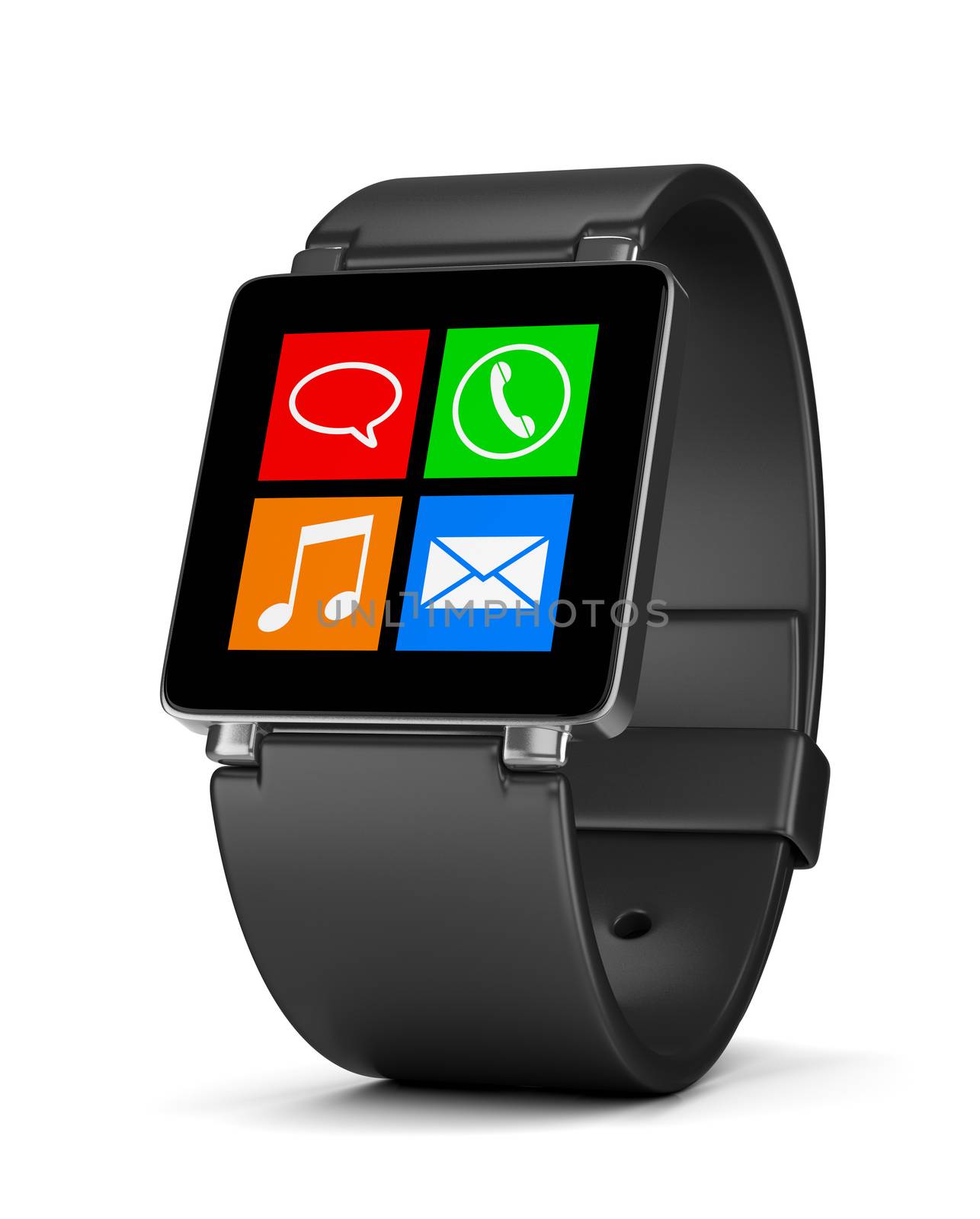 Black Smartwatch with App Icons on Display on White Background 3D Illustration