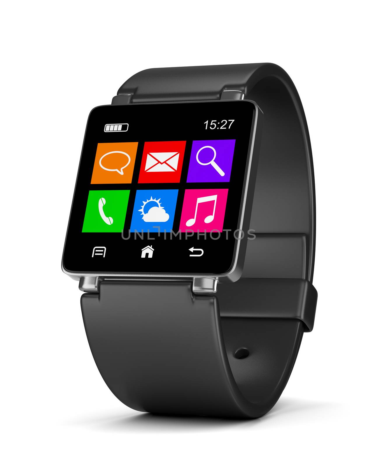 Black Smartwatch with App Icons, Time and Battery Level on Display on White Background 3D Illustration