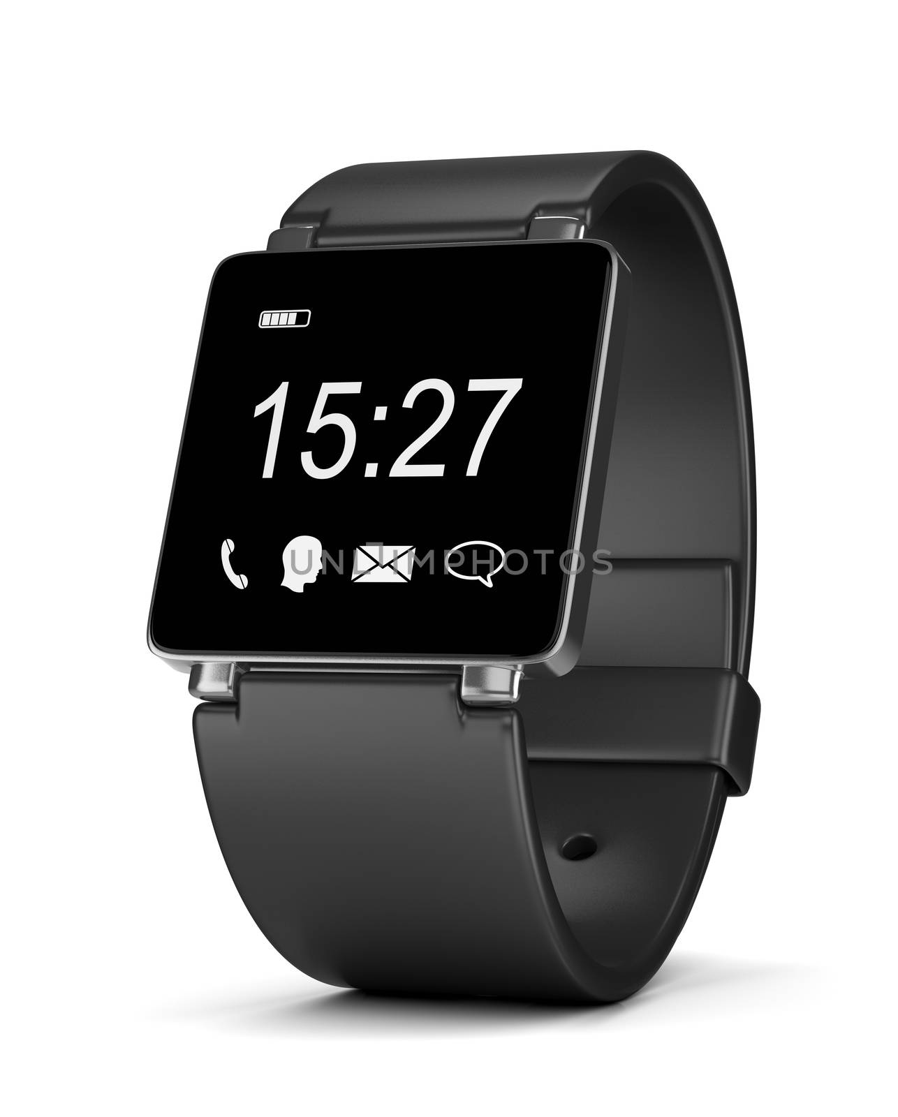 Black Smartwatch with App Icons, Digital Clock and Battery Level on Display on White Background 3D Illustration