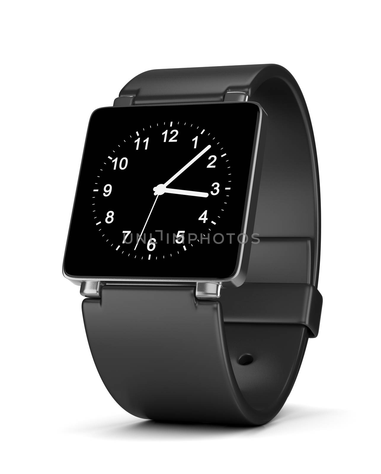 Black Smartwatch with Analog Clock on Display on White Background 3D Illustration