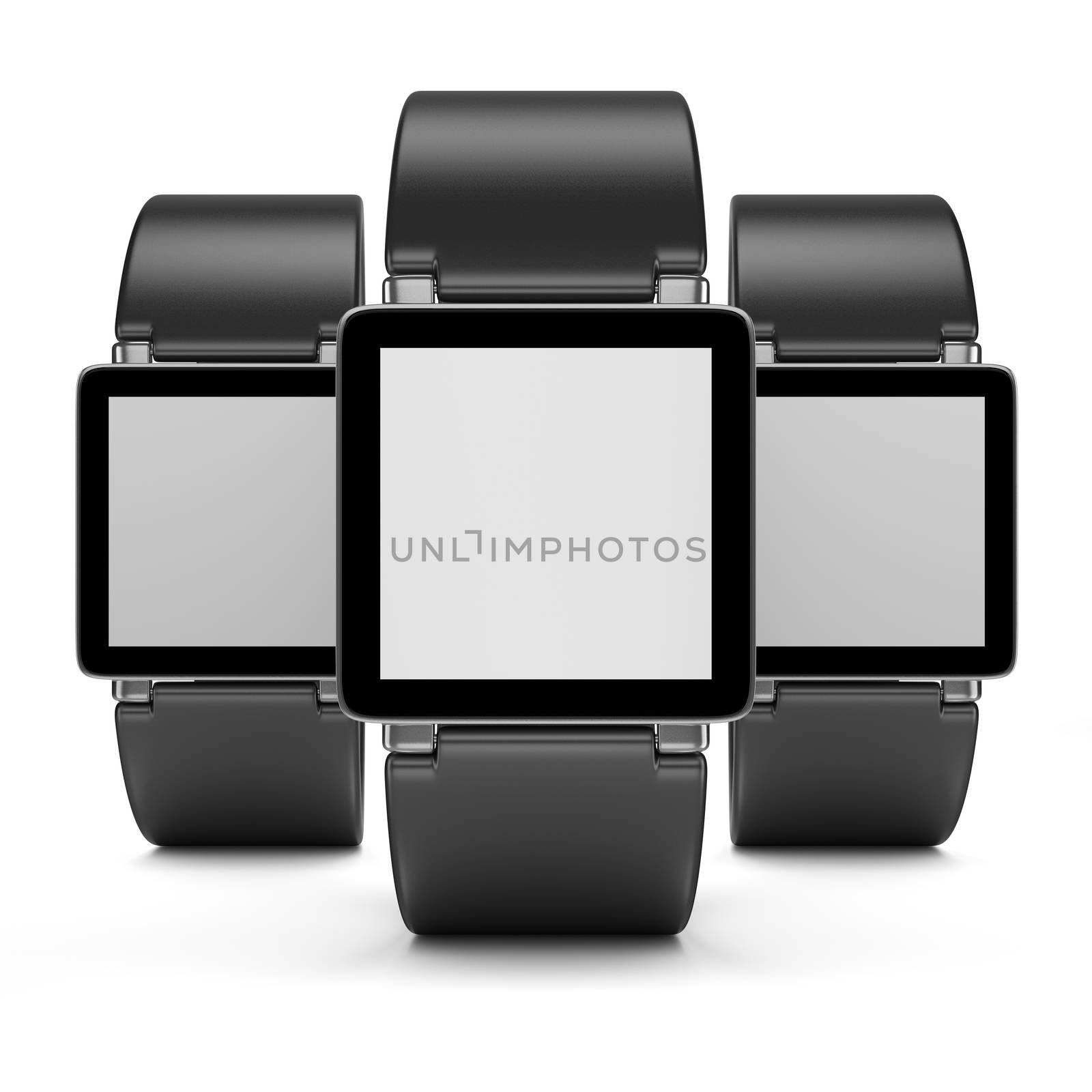 Three Black Smartwatch with Blank Display on White Background 3D Illustration, Front View