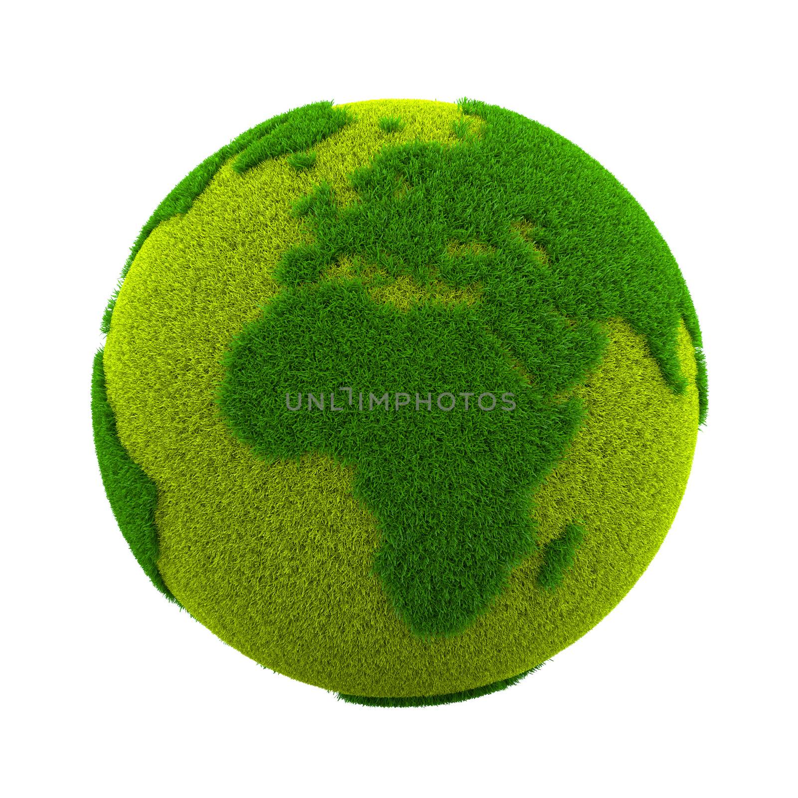 Grassy Green Earth Planet European and African Side Isolated on White Background 3D Illustration