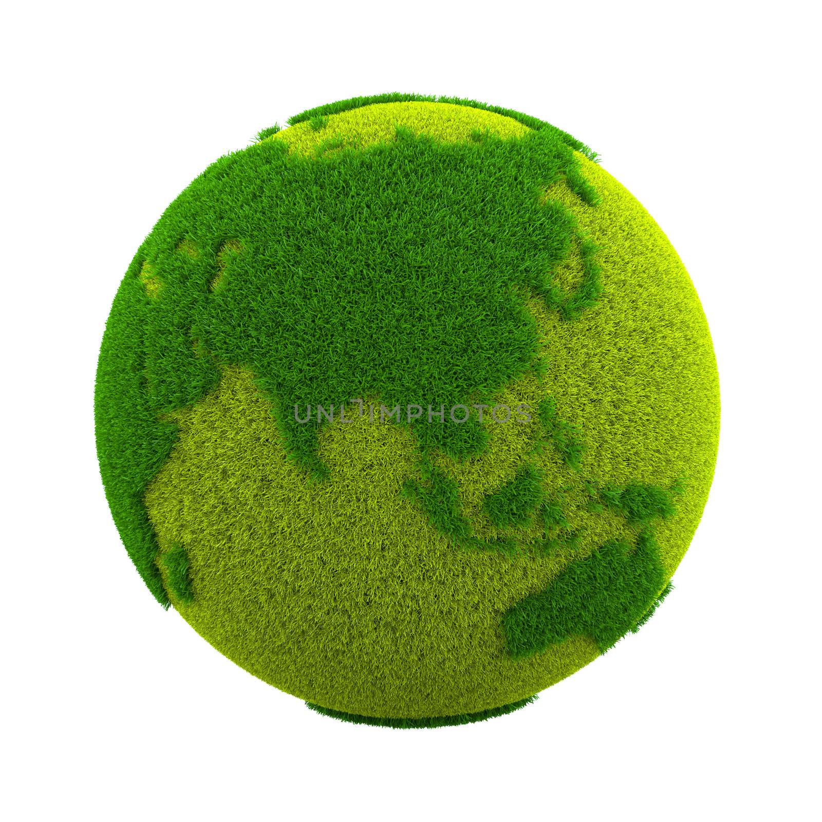 Grassy Green Earth Planet Asian Side Isolated on White Background 3D Illustration