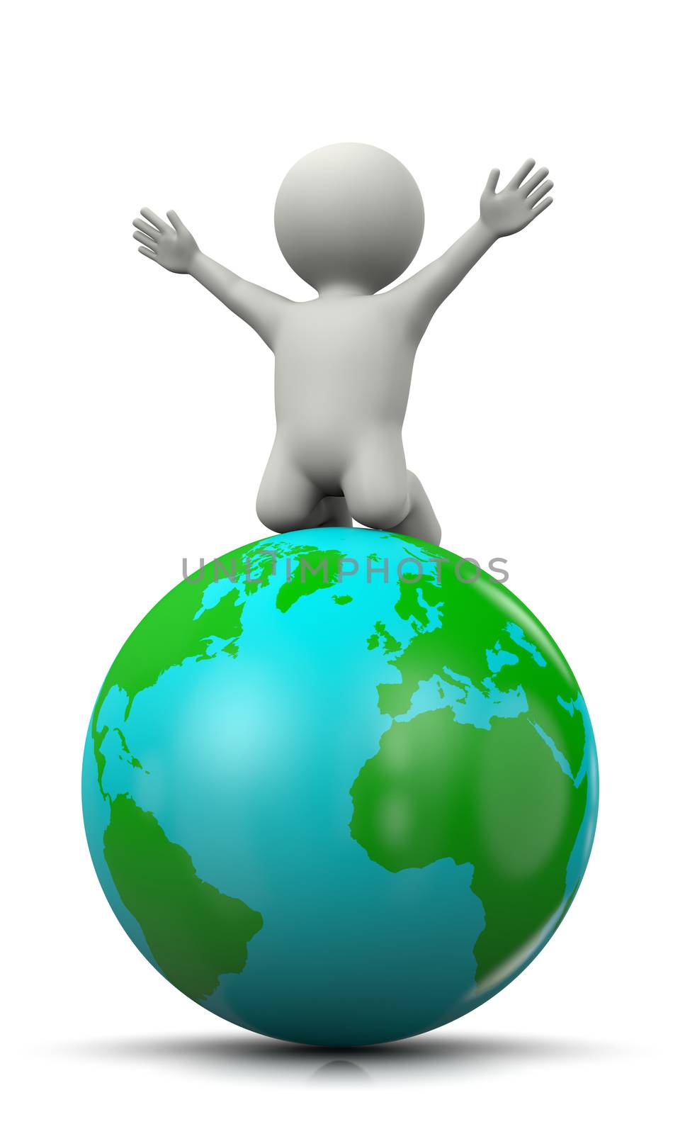 White 3D Character Exulting on top of the World 3D Illustration on White Background