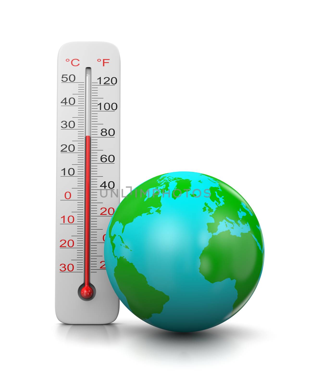 Thermometer Close to the Earth on White Background, Global Temperature Concept