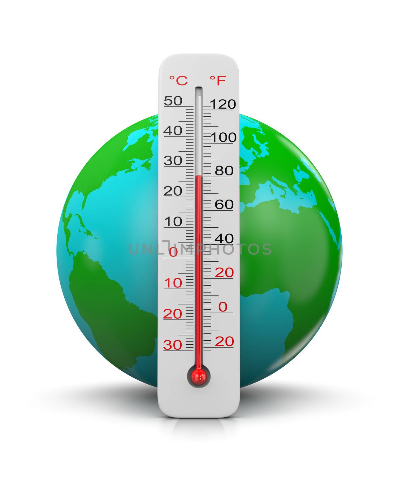 Earth Behind a Thermometer on White Background, Global Temperature Concept