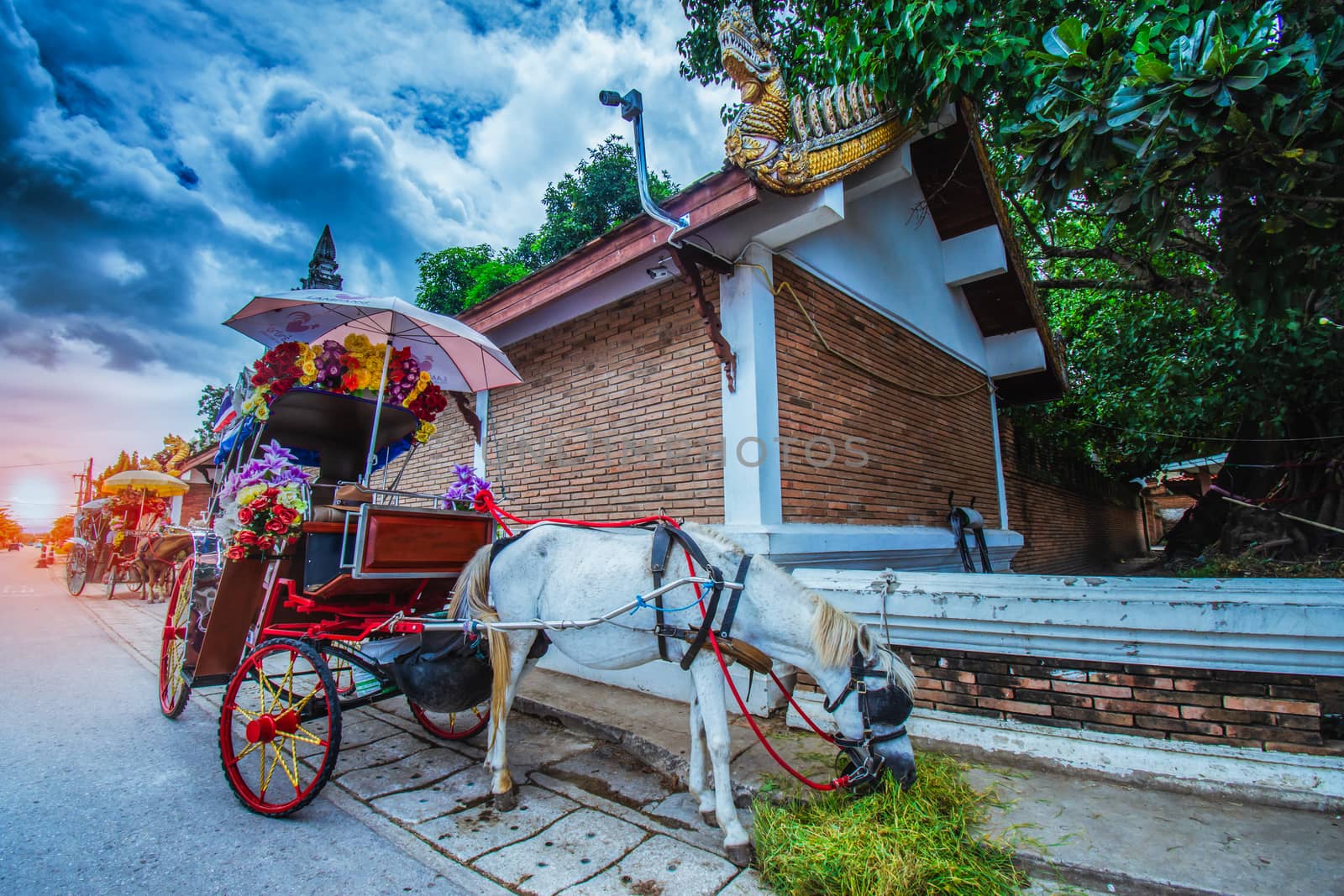 Carriages in front of Wat Phra That Lampang Luang, designed for tourist services