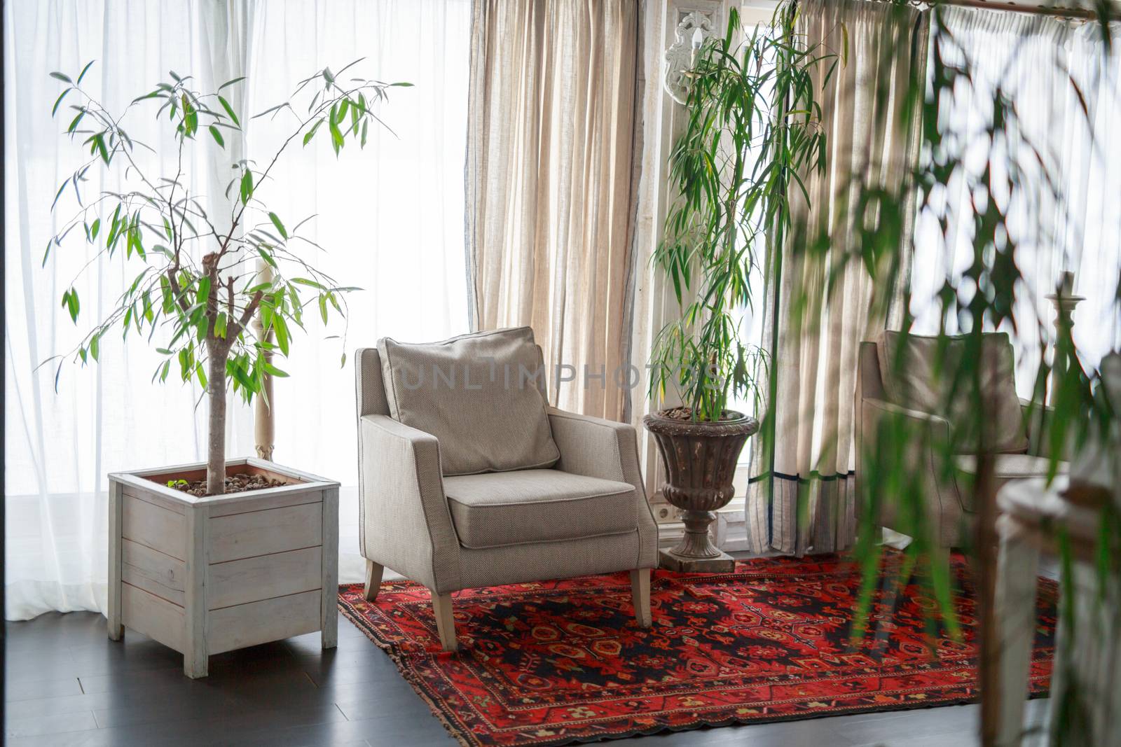 sofa near the window of a large light window, restaurant cozy interior texture of a wooden wall by dikkens