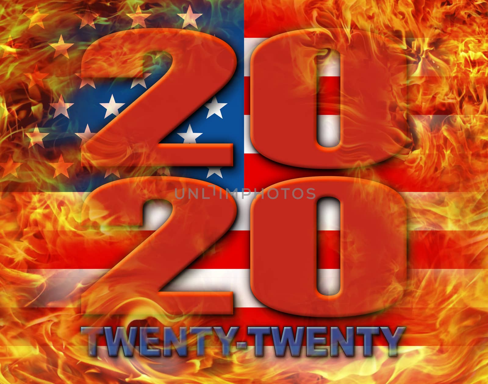 The year 2020 in flames, both in number and spelled out; designed using the United States Flag Stars and Stripes. 3D Illustration