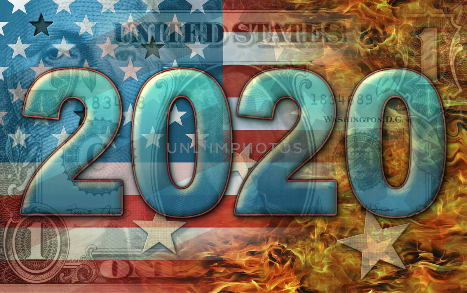 The year 2020 set on a background made up of the U.S. flag, flames, and a dollar bill. 3D illustration