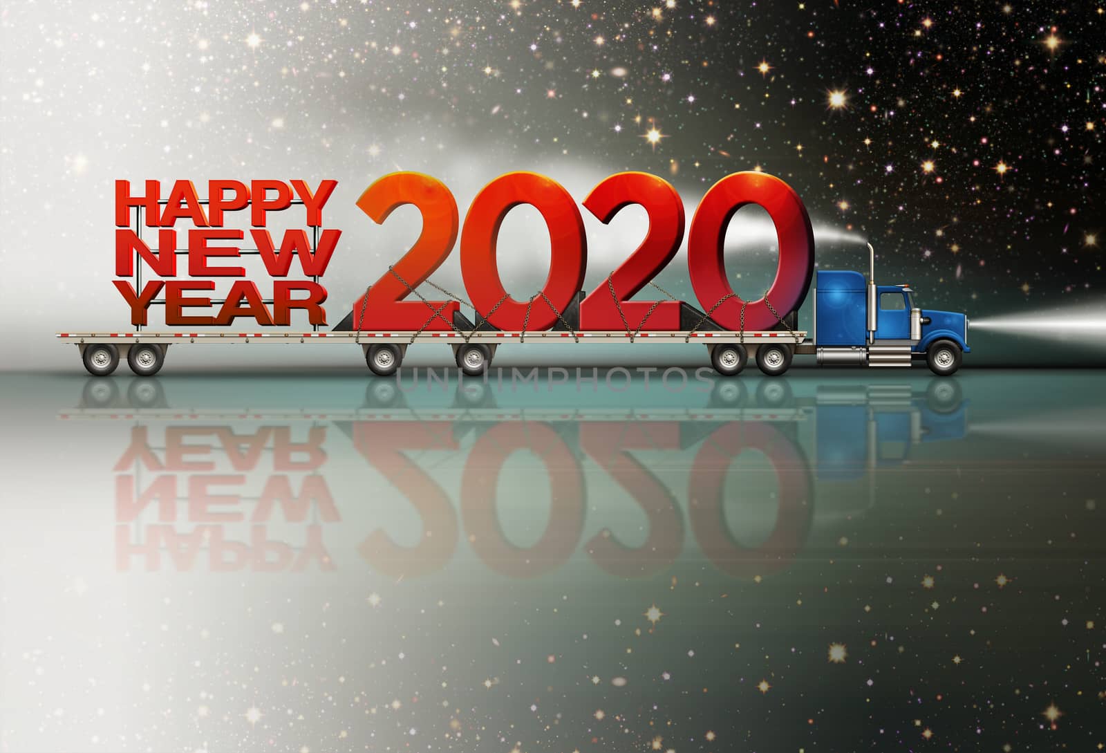 Giant Happy New Year and 2020 on a semi truck flatbed set against a starry night sky background.  3D illustration 