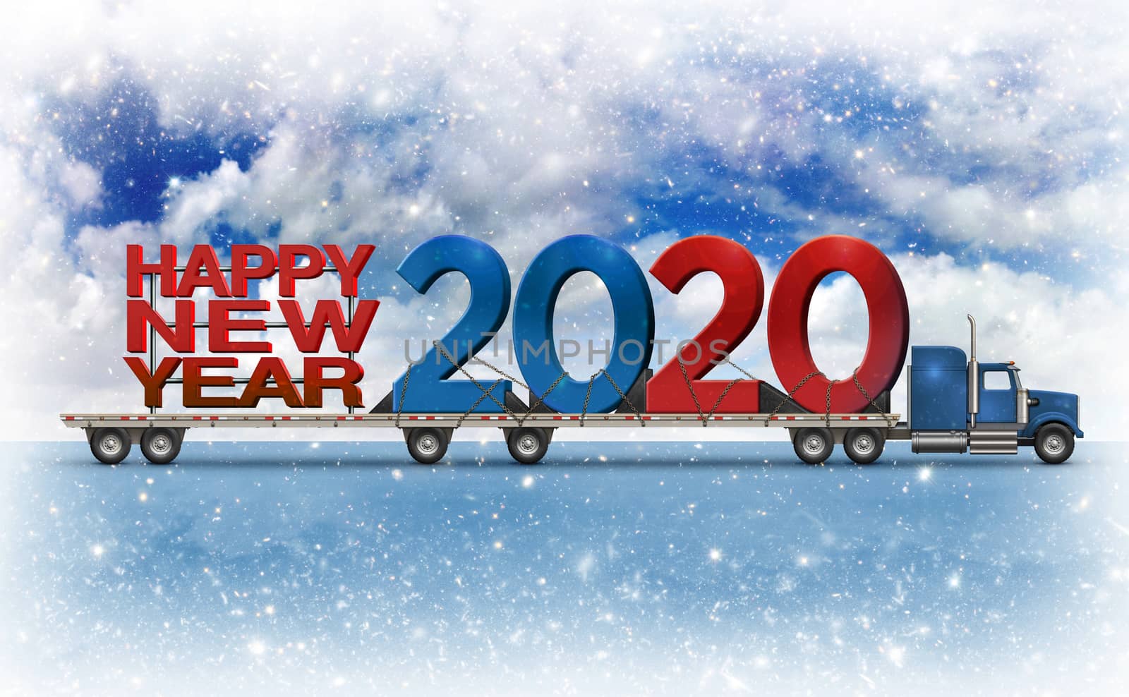 Giant Happy New Year and 2020 on a flatbed truck set against a cloudy snowy background. 3D illustration 