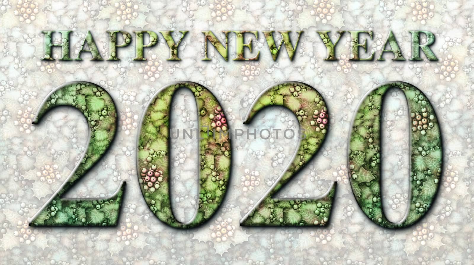 3D illustration of the words Happy New Year 2020 integrated with a background of Holly plants.
