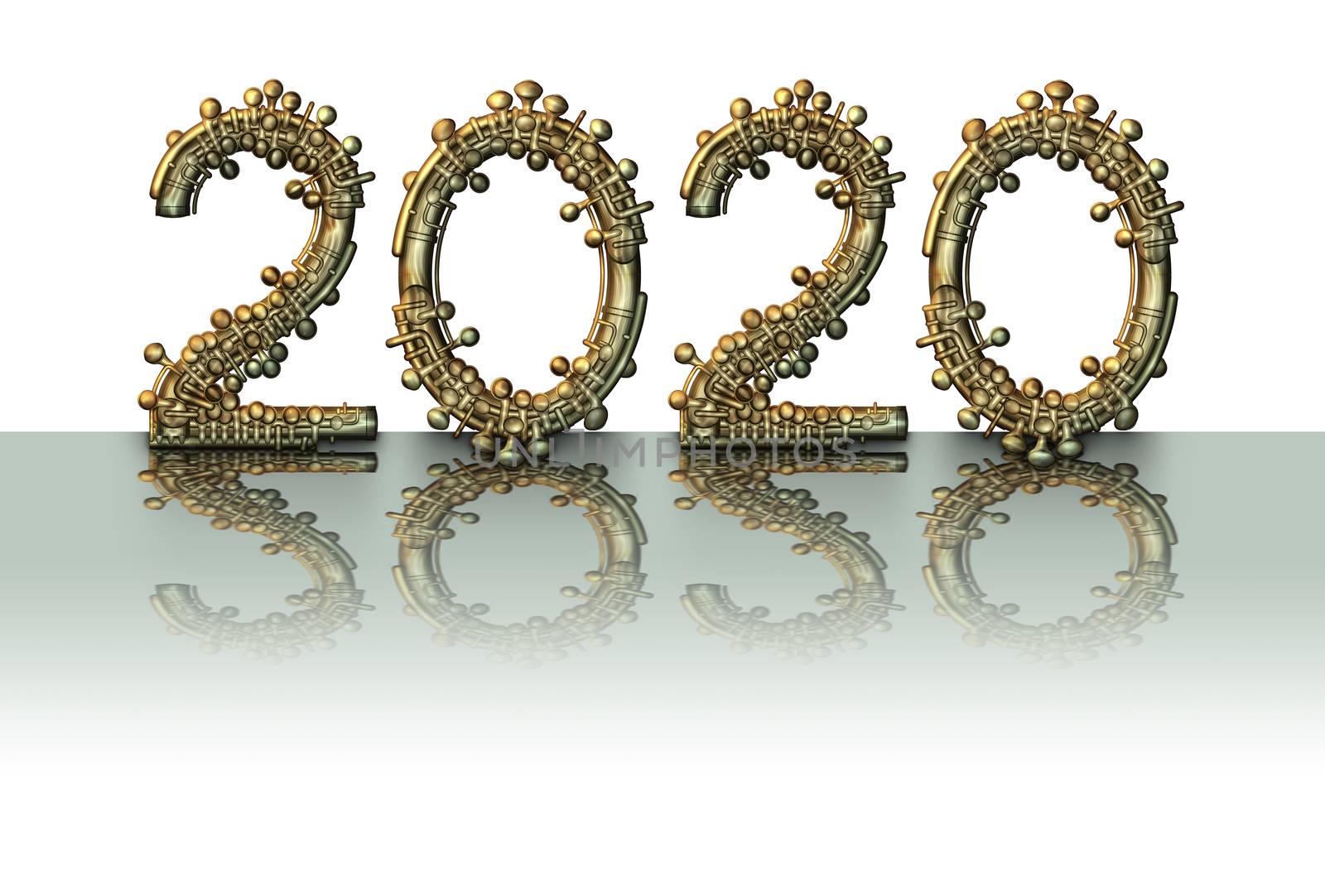 The year 2020 formed out of brass musciacl instrument components; reflected onto a smooth shiny table top.     3D Illustration