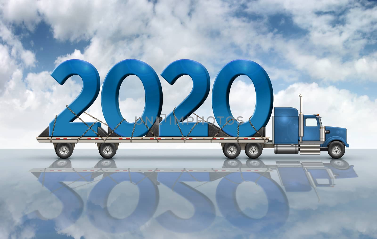 3D illustration of the year 2020 on a flatbed truck set on a reflective surface with a sky background.