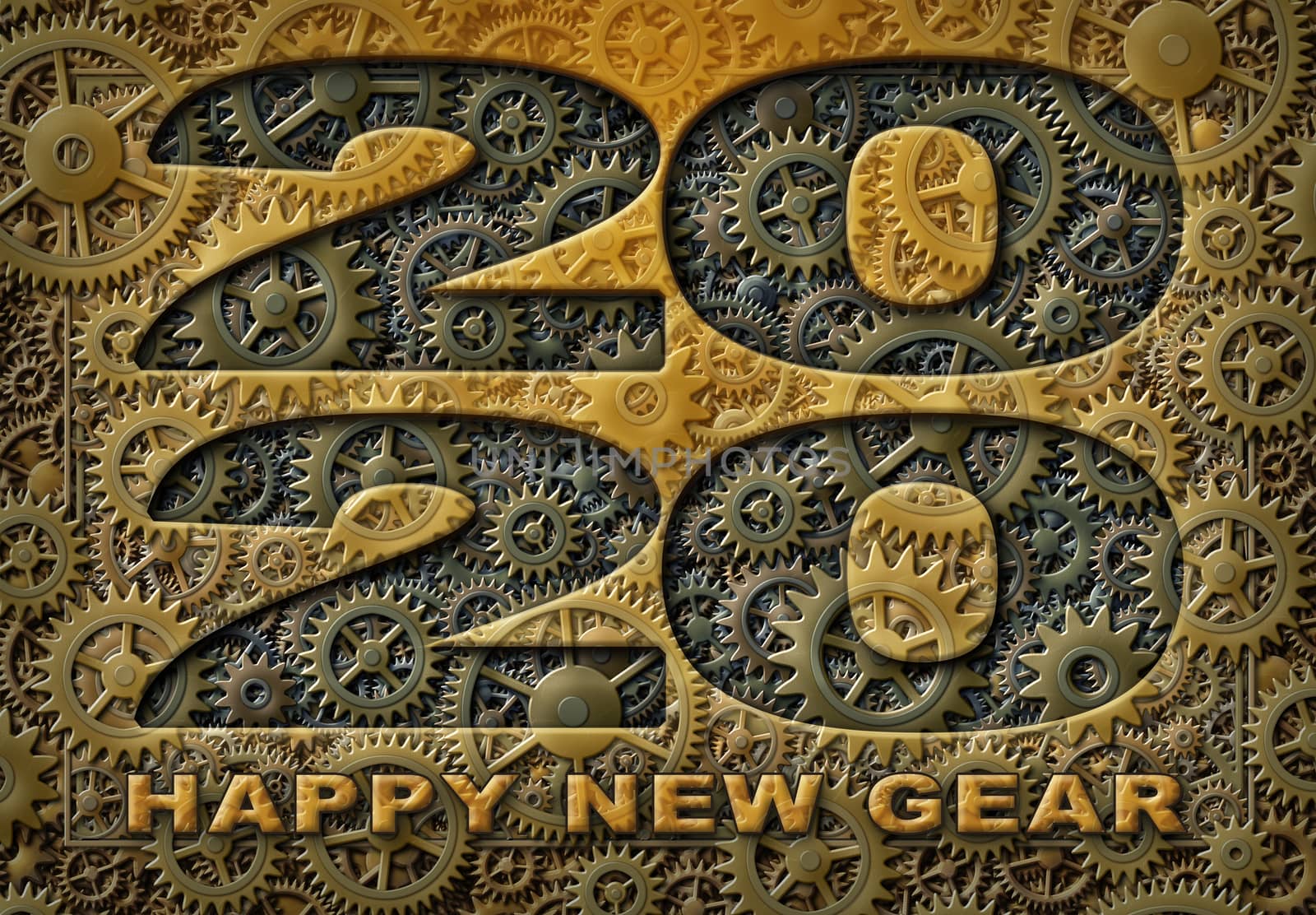 The year 2020 and the words Happy New Gear illustrated with a pattern of interlocking gears. 3D Illustration