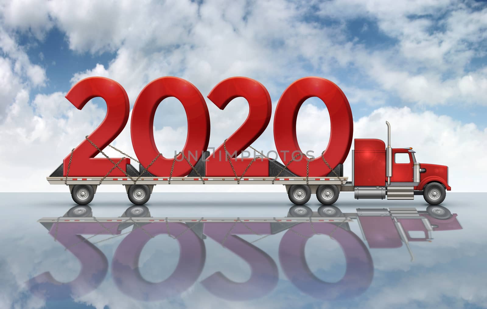 3D illustration of the year 2020 on a flatbed truck set on a reflective surface with a sky background.