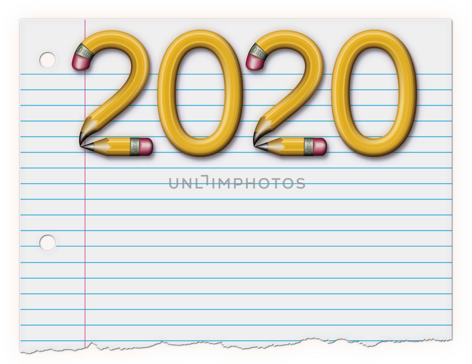 Curved pencils create the numbers 2020 on top of a blank piece of notebook paper. 3D Illustration
