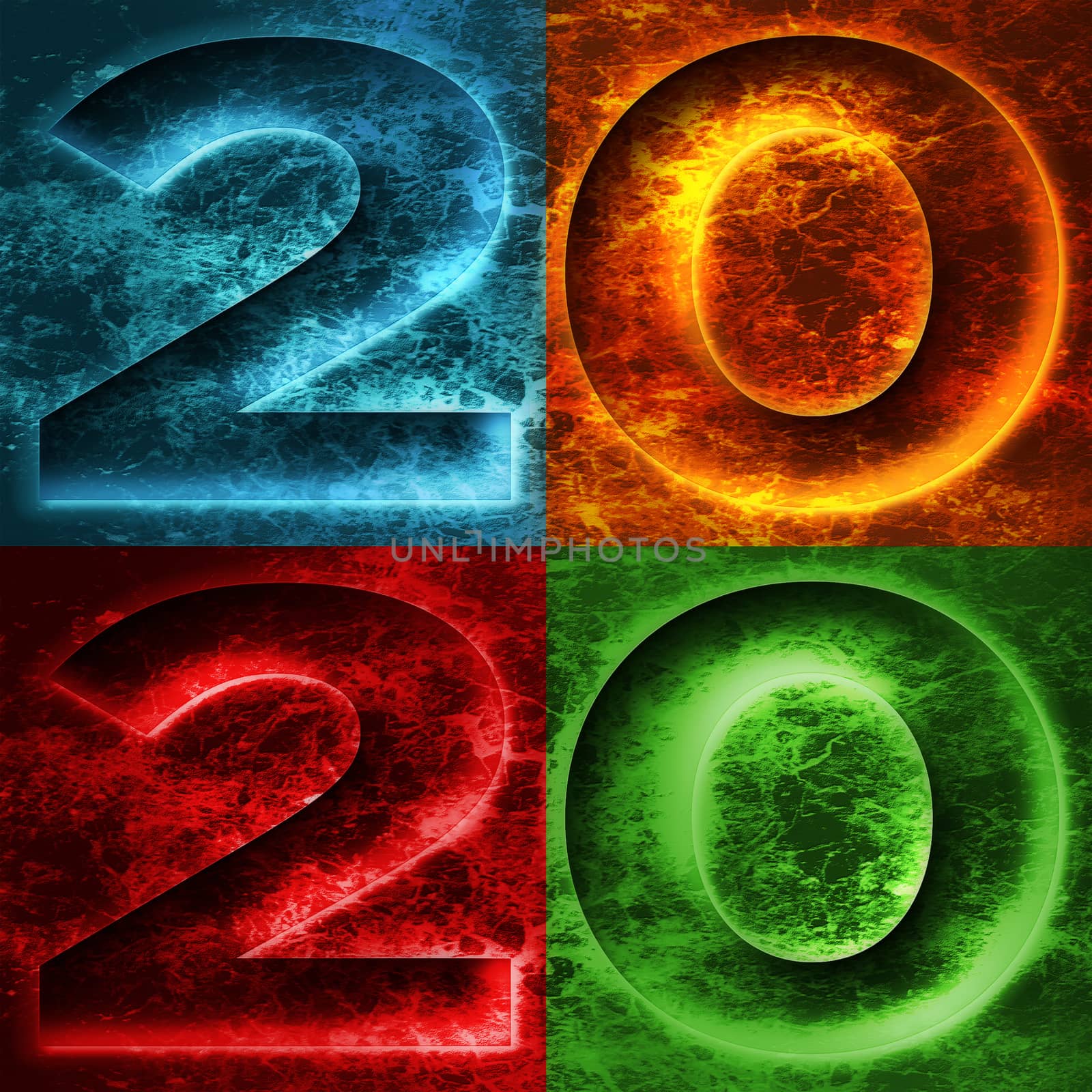 2020 in four different colored squares with a pattern of light similar to marble veins or lightning. 3D Illustration