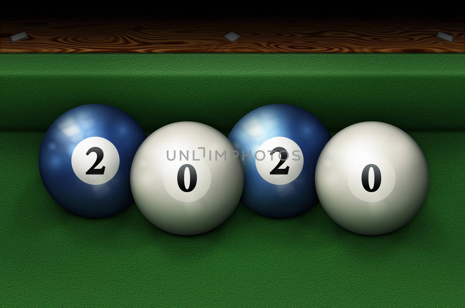 The year 2020 spelled out with pool balls on a billiards table. 3D Illustration