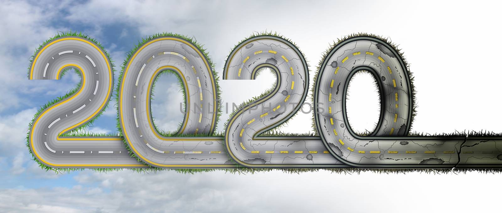 The numbers 2020 are joined together as one continuous divided highway. getting worse over time. 3D Illustration