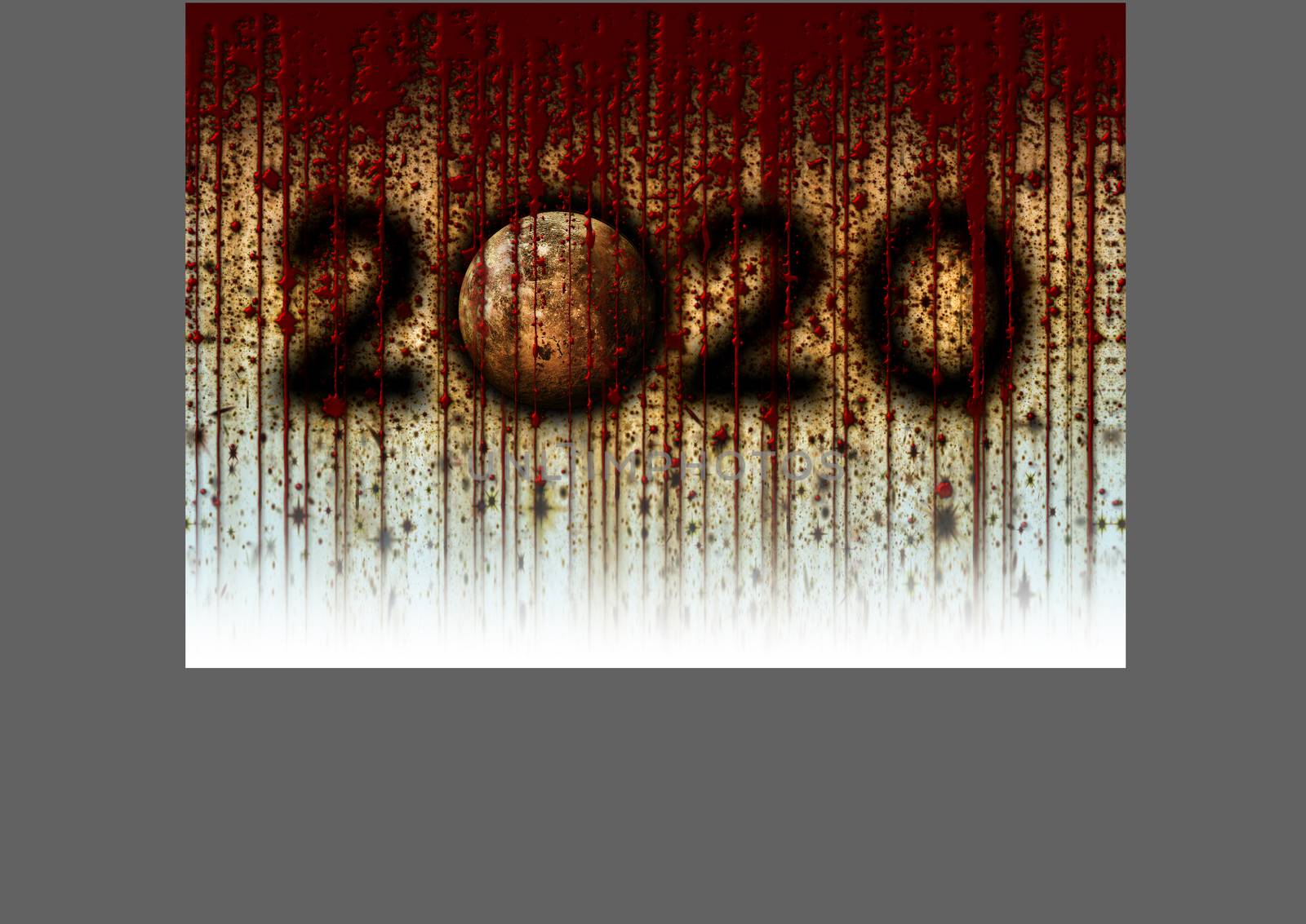 The Year 2020 and the Moon presented in a grunge style with dark shadows, dripping blood; reds, yellows. 3D Illustration
