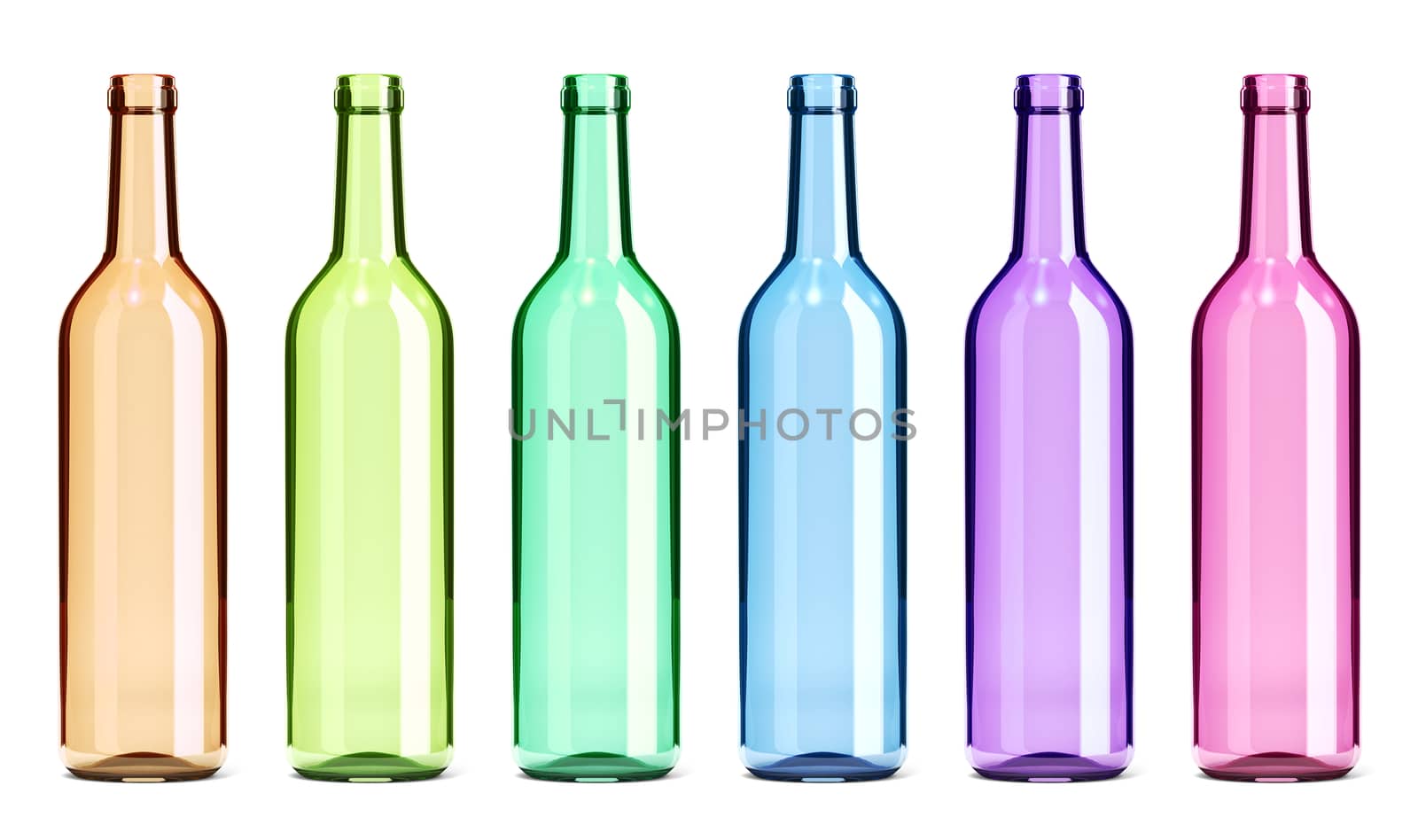 Colored Transparent Glass Empty Bottles Set Isolated on White Background 3D Illustration