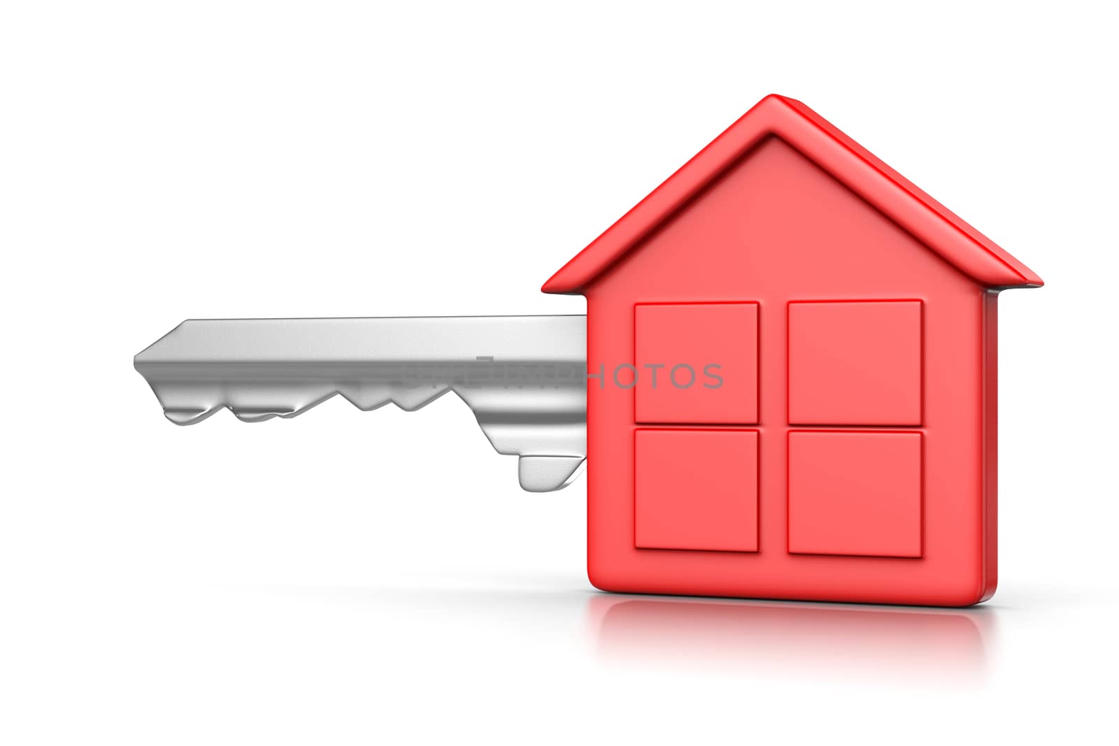 One Single Metal Key with Red Plastic Head in the Shape of an House on White Background 3D Illustration