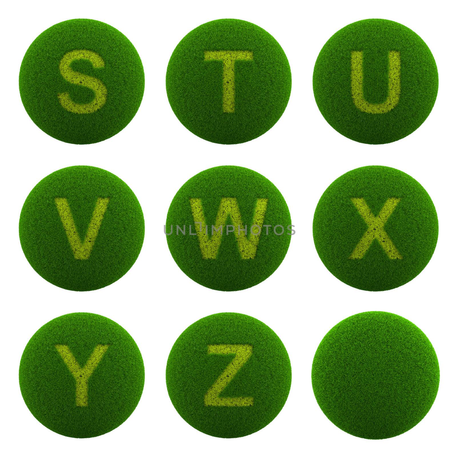 Series of Green Globe with Grass Cutted in the Shape of Alphabetic Letter 3D Illustration Isolated on White Background
