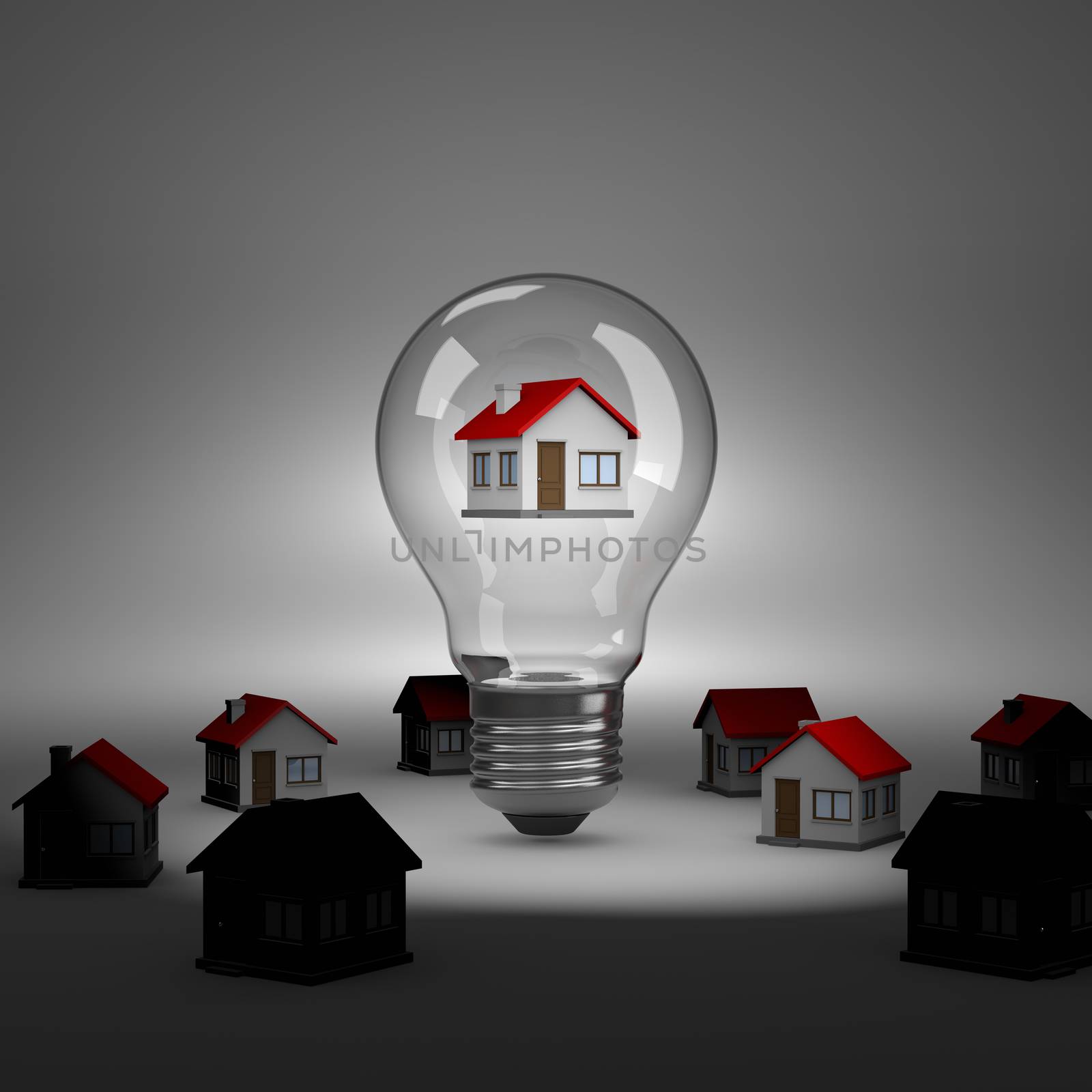 Light Bulb with an House Inside under Spotlight 3D Illustration