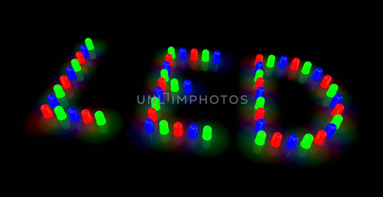 Led Diodes Arranged in Led Text Layout on Black Background 3D Illustration