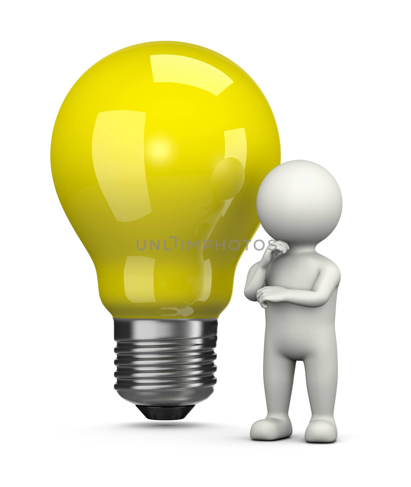 White 3D Character in Front of a Big Yellow Light Bulb Illustration on White Background