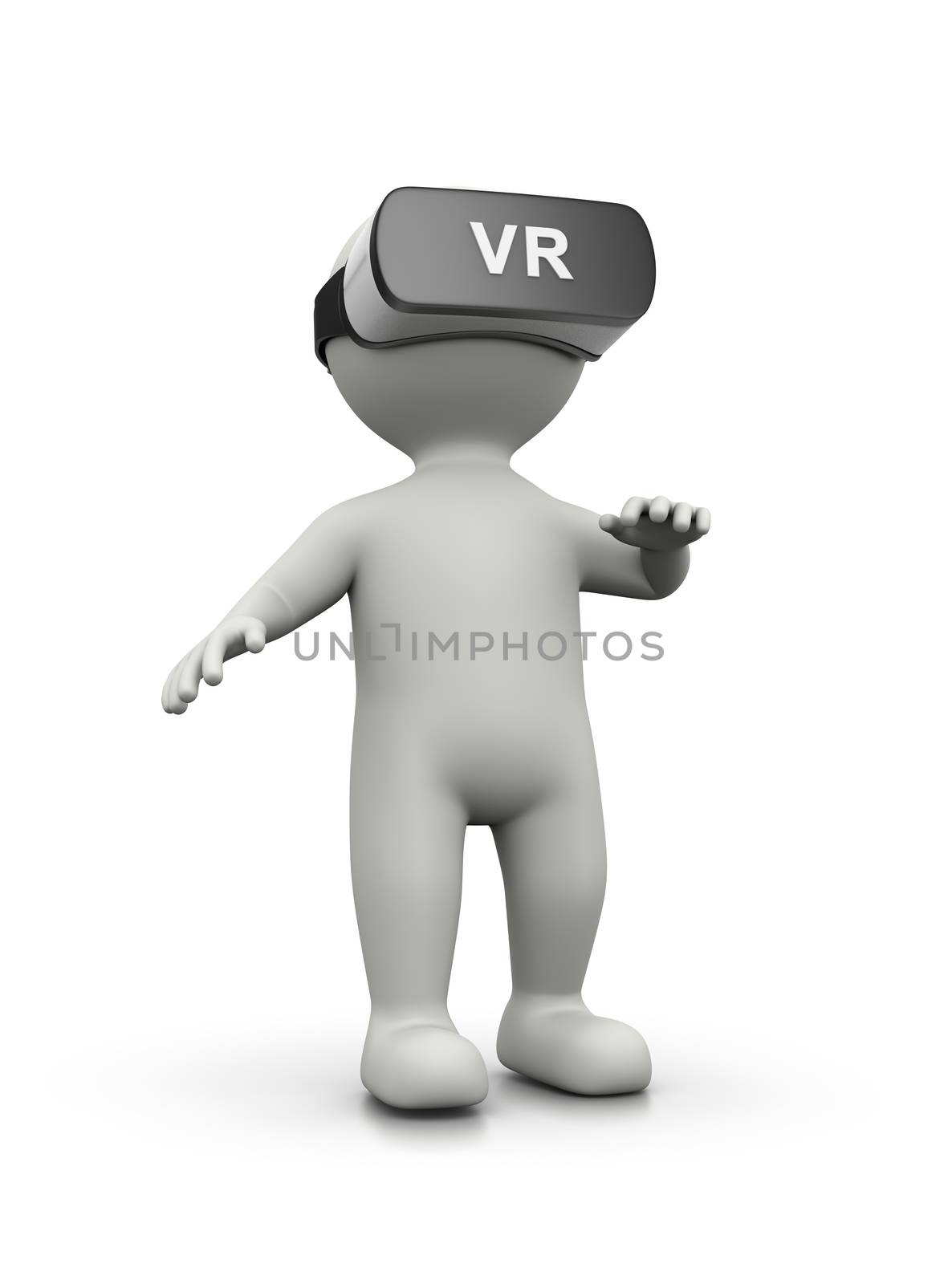 White 3D Character Wearing a VR Virtual Reality Headset 3D Illustration on White Background