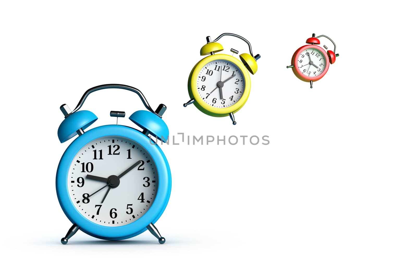 Alarm Clocks Flying on White Background 3D Illustration, Time Goes Concept