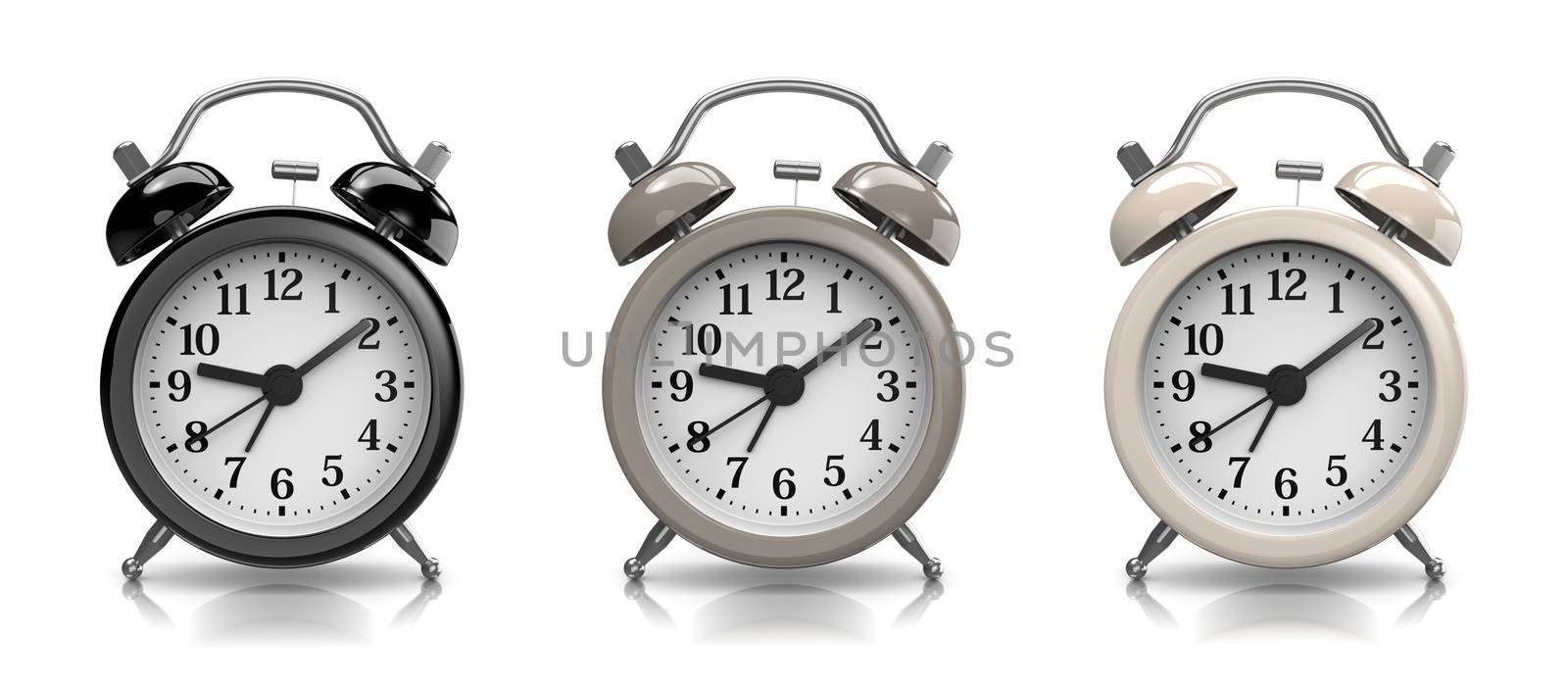 Black and White Vintage Alarm Clock Collection on White Background 3D Illustration