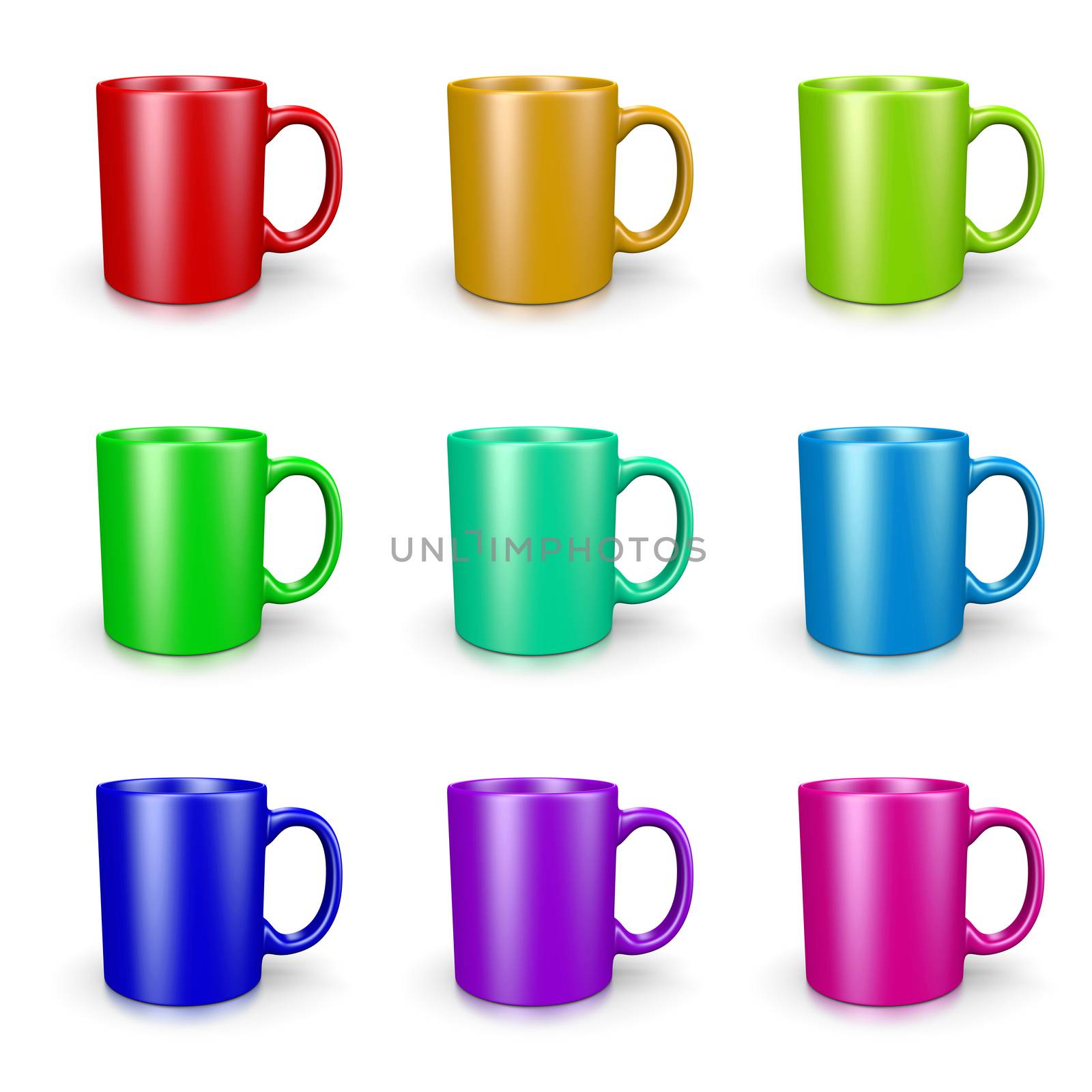 Colorful Mugs on White Background 3D Illustration