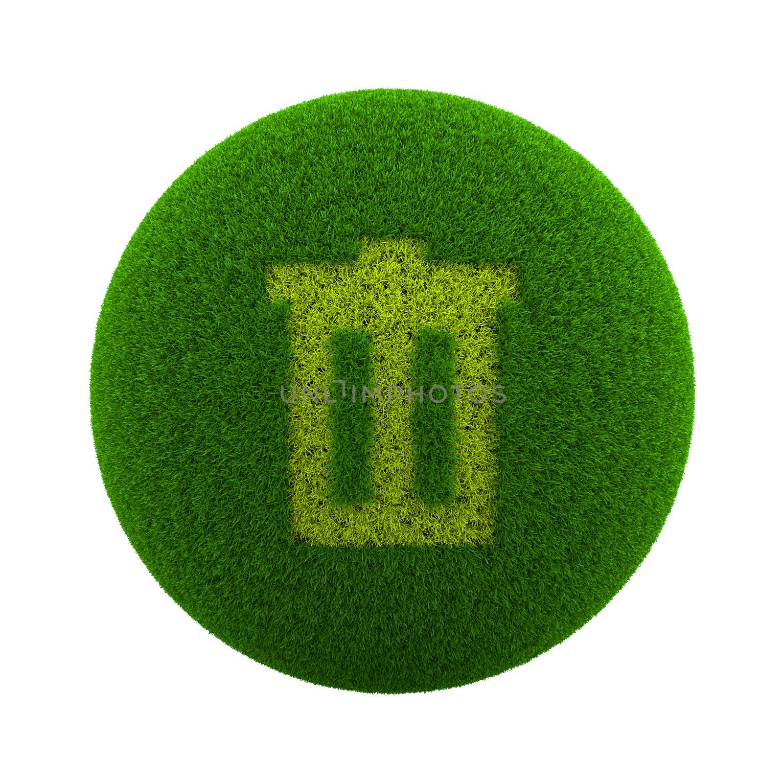 Green Globe with Grass Cutted in the Shape of a Trash Can Symbol 3D Illustration Isolated on White Background