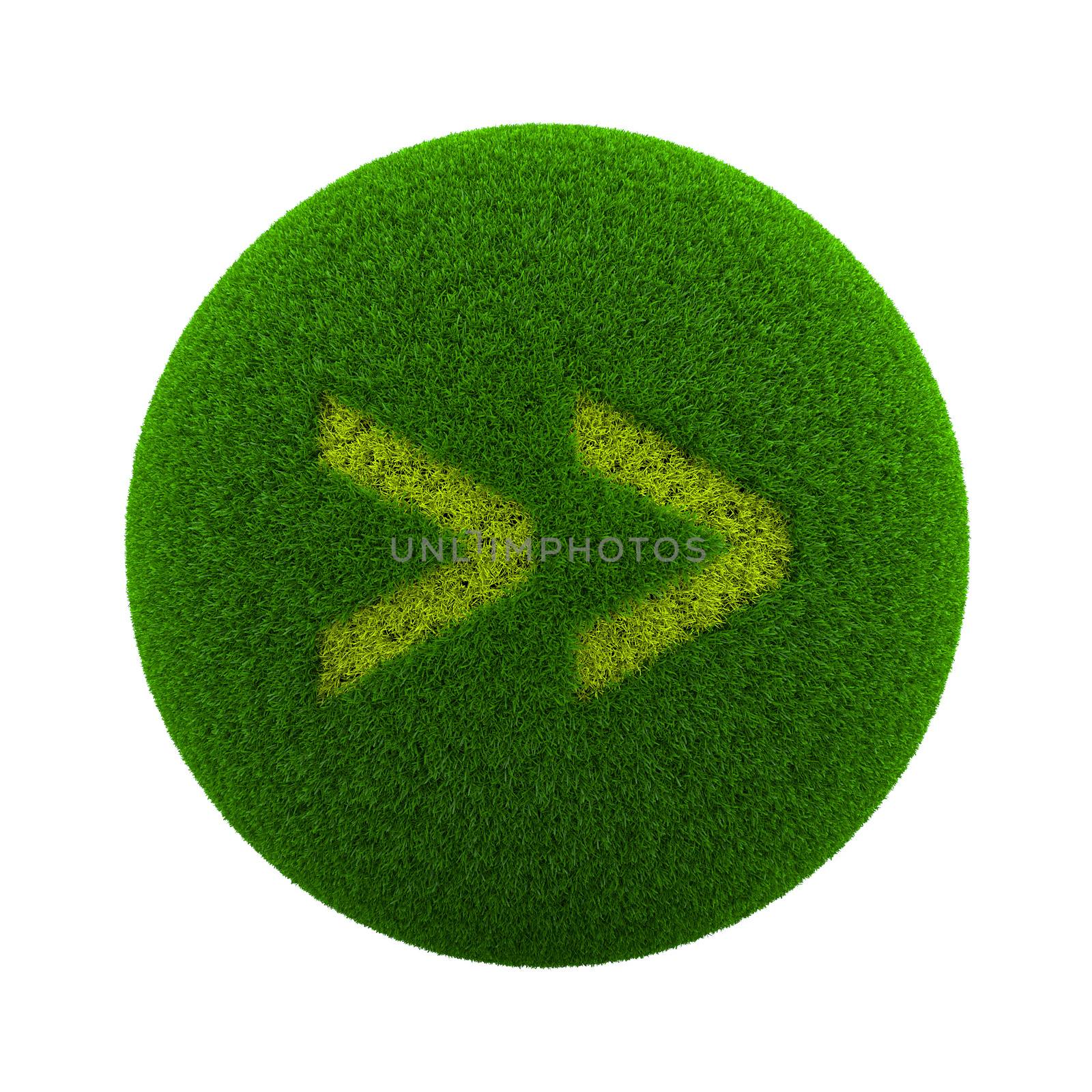 Green Globe with Grass Cutted in the Shape of Forward Symbol 3D Illustration Isolated on White Background