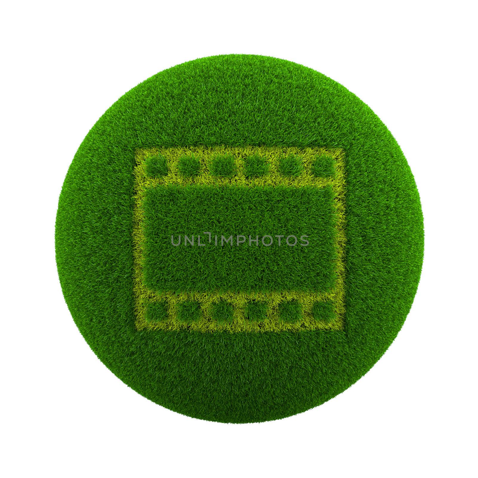 Green Globe with Grass Cutted in the Shape of a Movie Film Symbol 3D Illustration Isolated on White Background