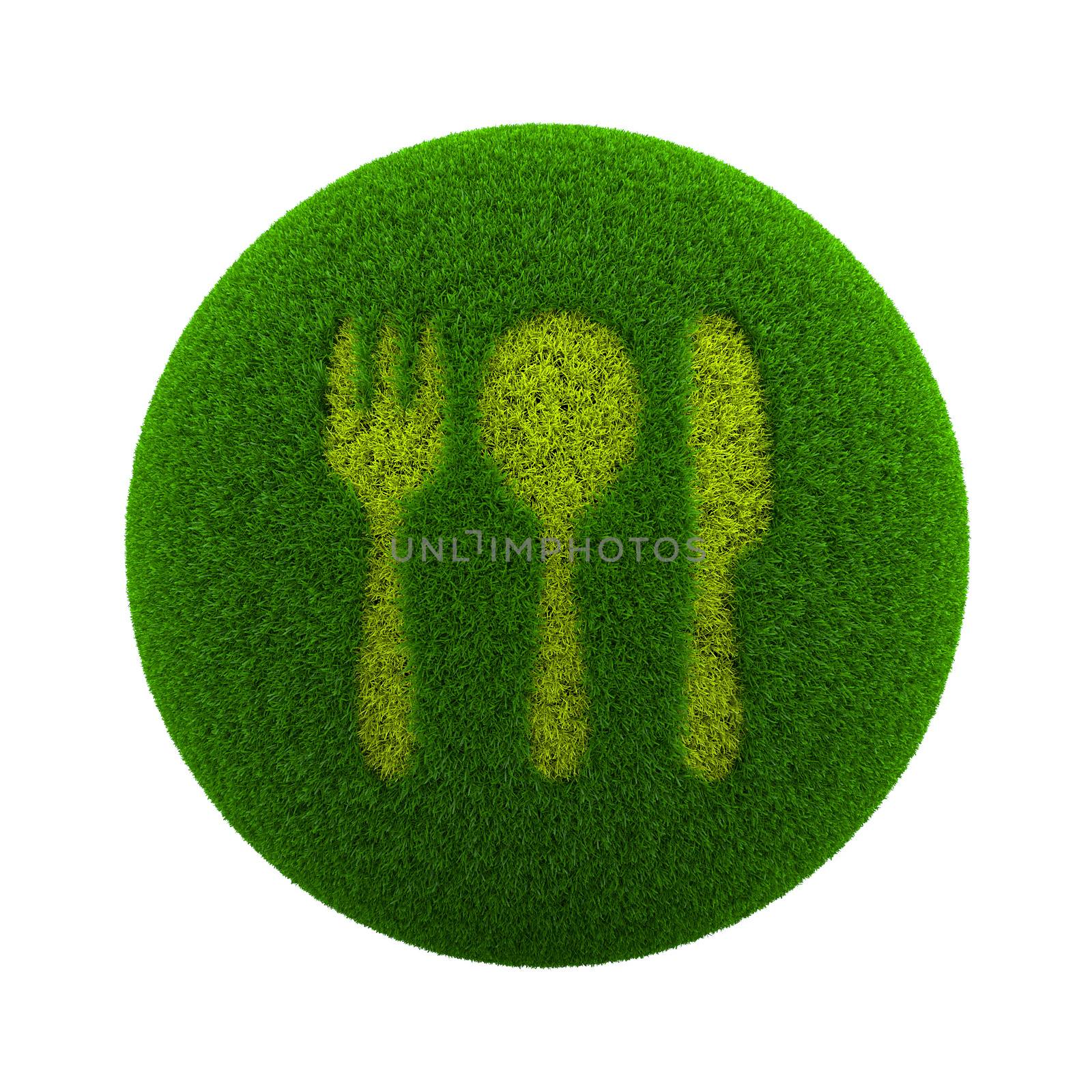 Green Globe with Grass Cutted in the Shape of Cutlery Symbol 3D Illustration Isolated on White Background