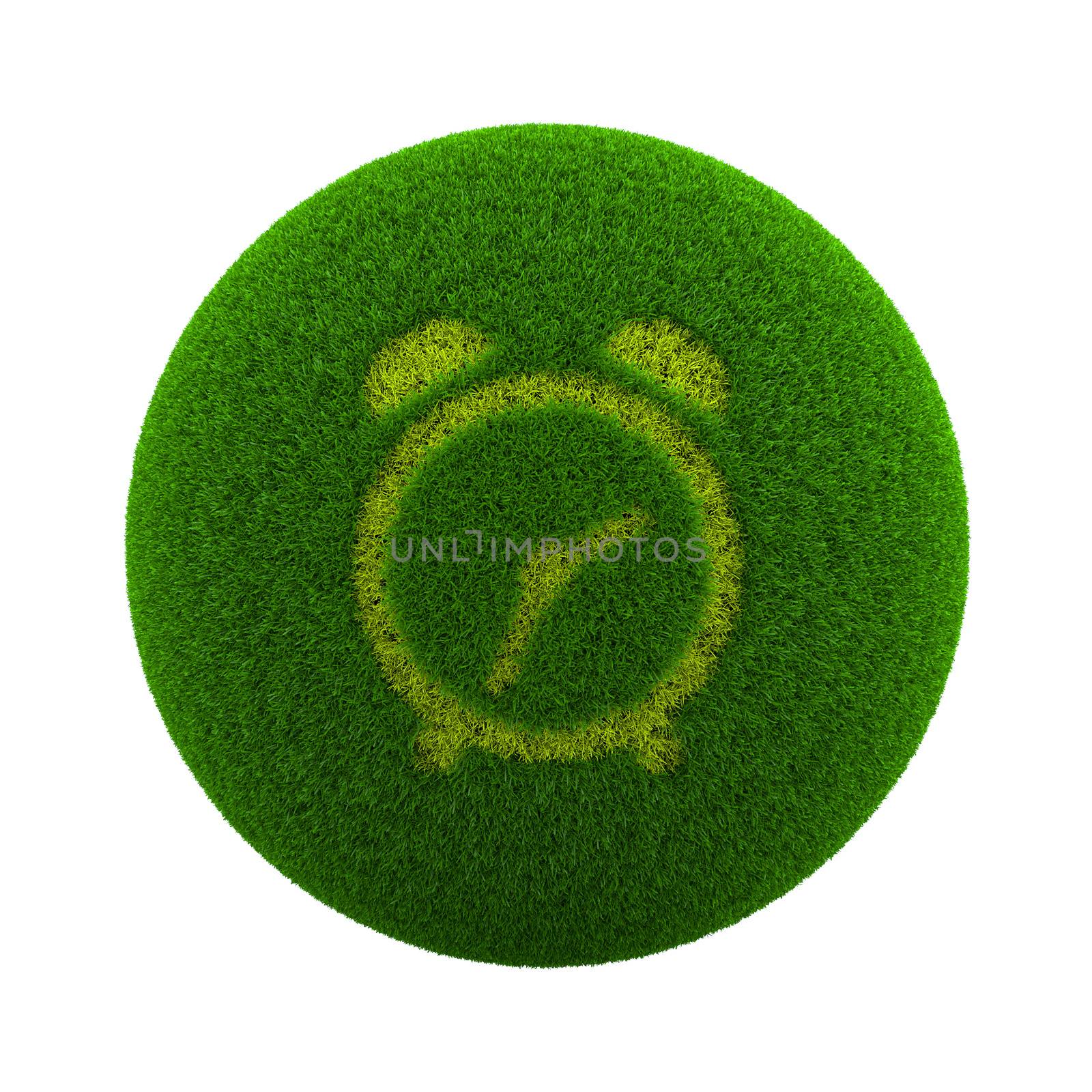 Green Globe with Grass Cutted in the Shape of an Alarm Clock Symbol 3D Illustration Isolated on White Background