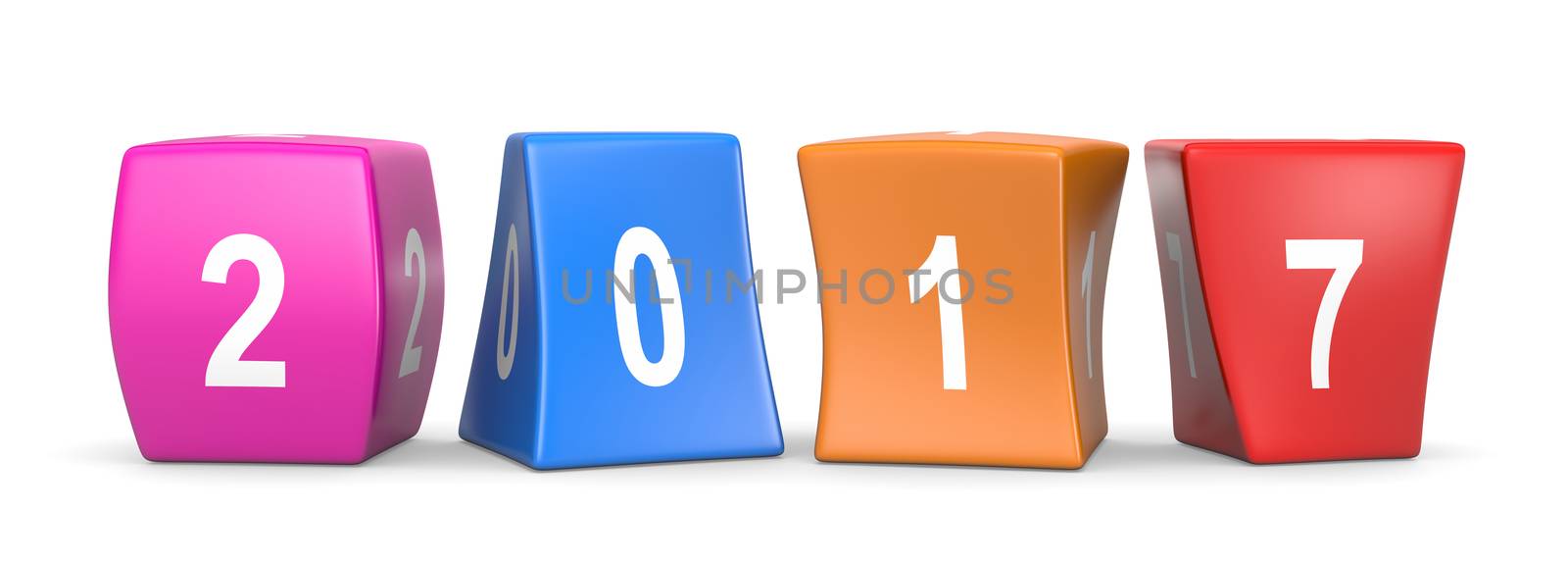 2017 White Text on Colorful Deformed Funny Cubes 3D Illustration on White Background