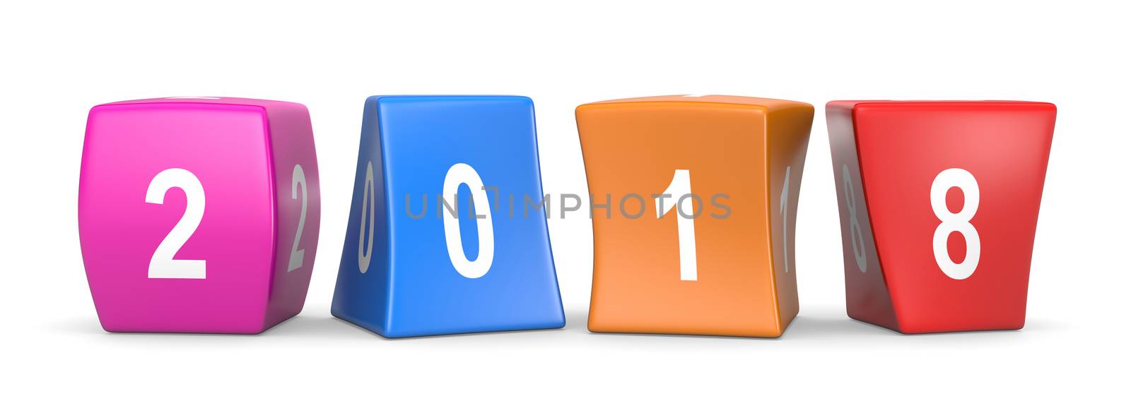 2018 White Text on Colorful Deformed Funny Cubes 3D Illustration on White Background