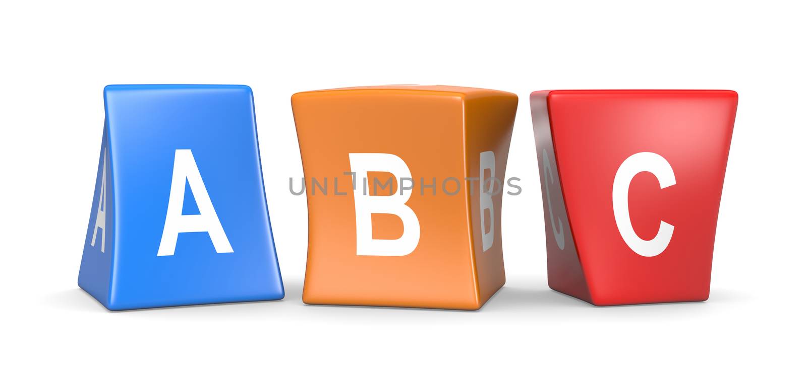 ABC White Text on Colorful Deformed Funny Cubes 3D Illustration on White Background