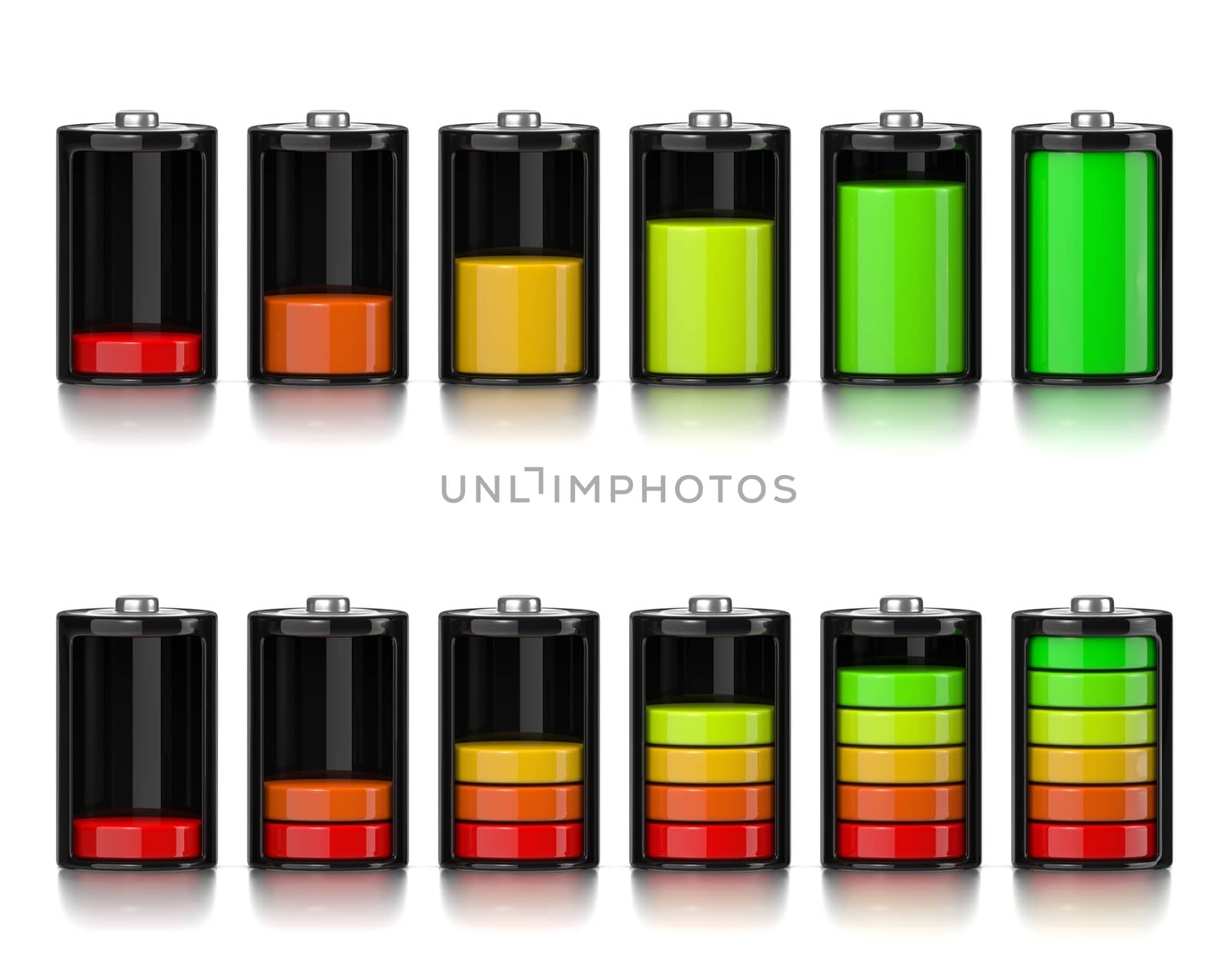 Set of Electric Battery Charge Level Chart Isolated on White Background 3D Illustration