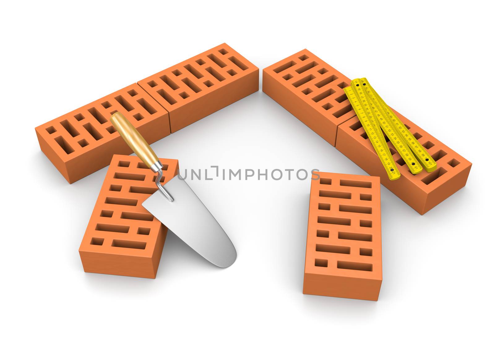 Carpenter's Meter and Trowel Leaned Against Bricks in the Shape of an House on White Background 3D Illustration