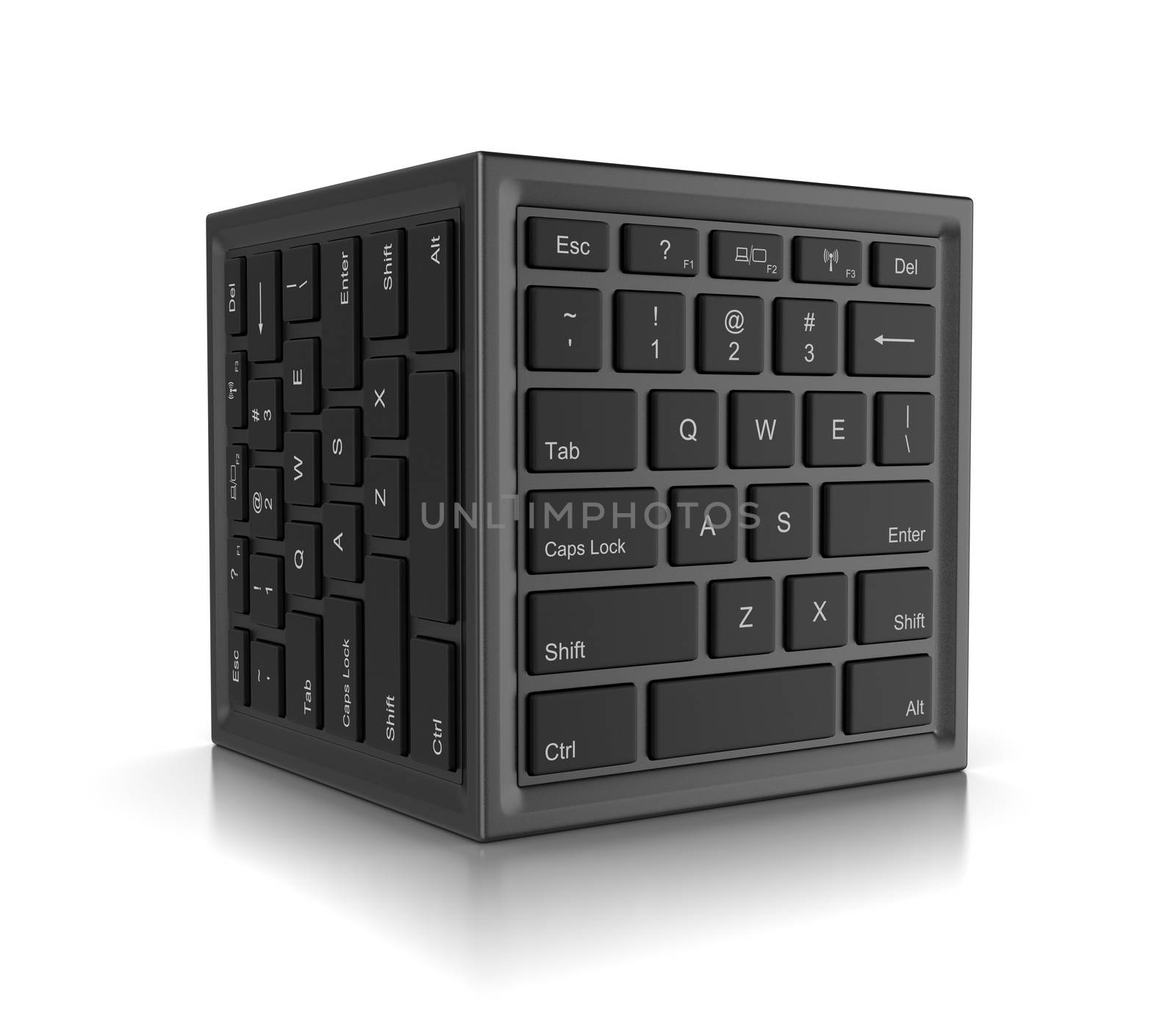 Cube Shape with Computer Keyboard on Faces 3D Illustration on White