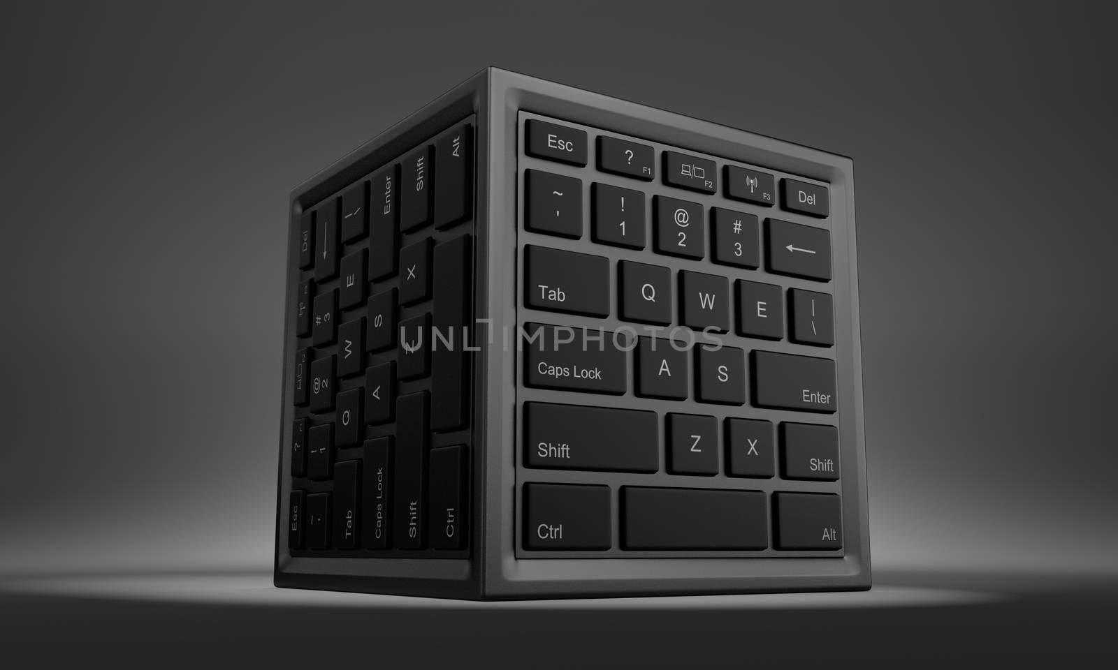 Cube Shape with Computer Keyboard on Faces 3D Illustration Front View
