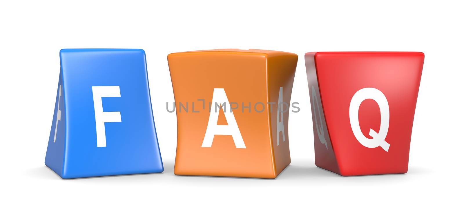 FAQ White Text on Colorful Deformed Funny Cubes 3D Illustration on White Background