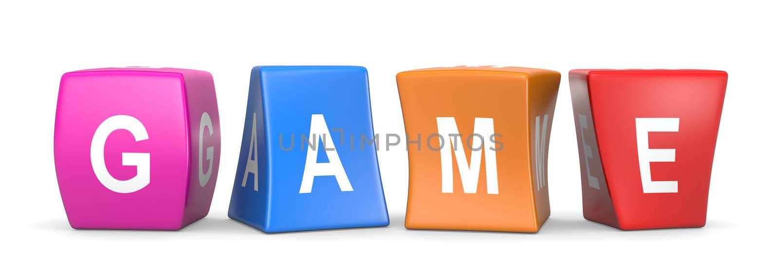 Game White Text on Colorful Deformed Funny Cubes 3D Illustration on White Background